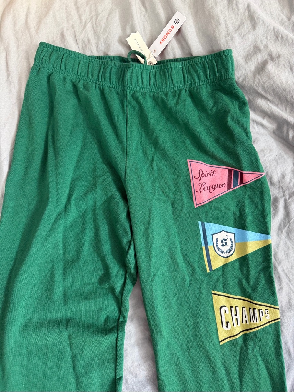 Sundry Anthropologie Green Sweatpants with Pink, Blue & Yellow Pennant Graphics